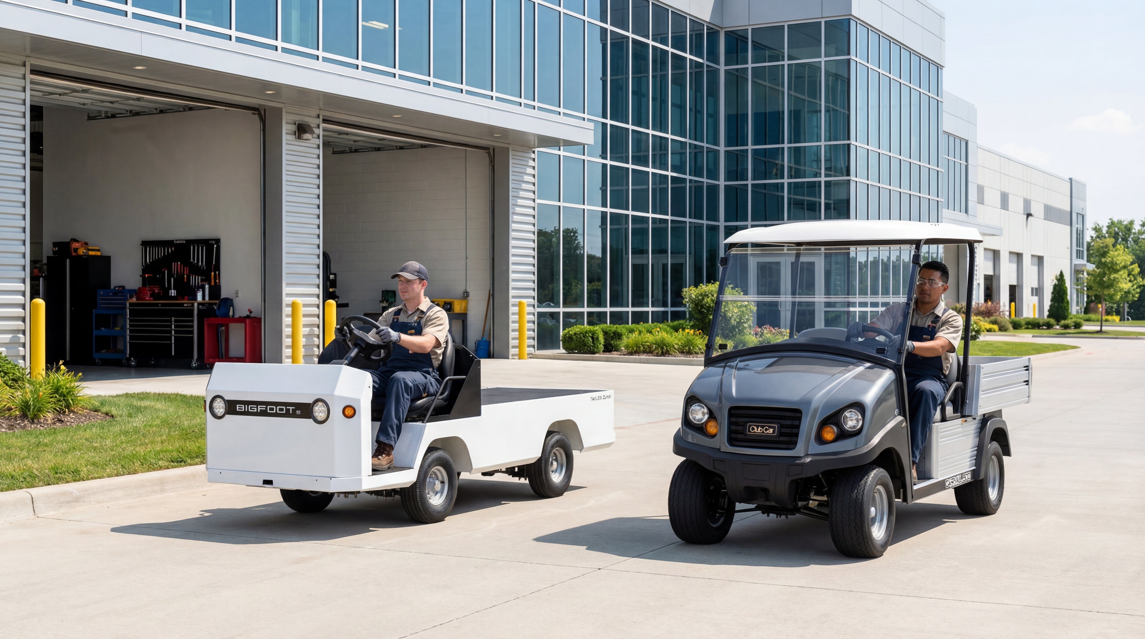 Two golf carts on a road in front of a building