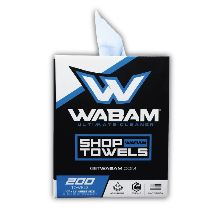 WABAM shop towels packaging with a white background